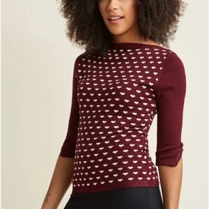 Banded Apparel Dancing Days Maroon Red Wide Boat Neck 3/4 Length Heart Sweater